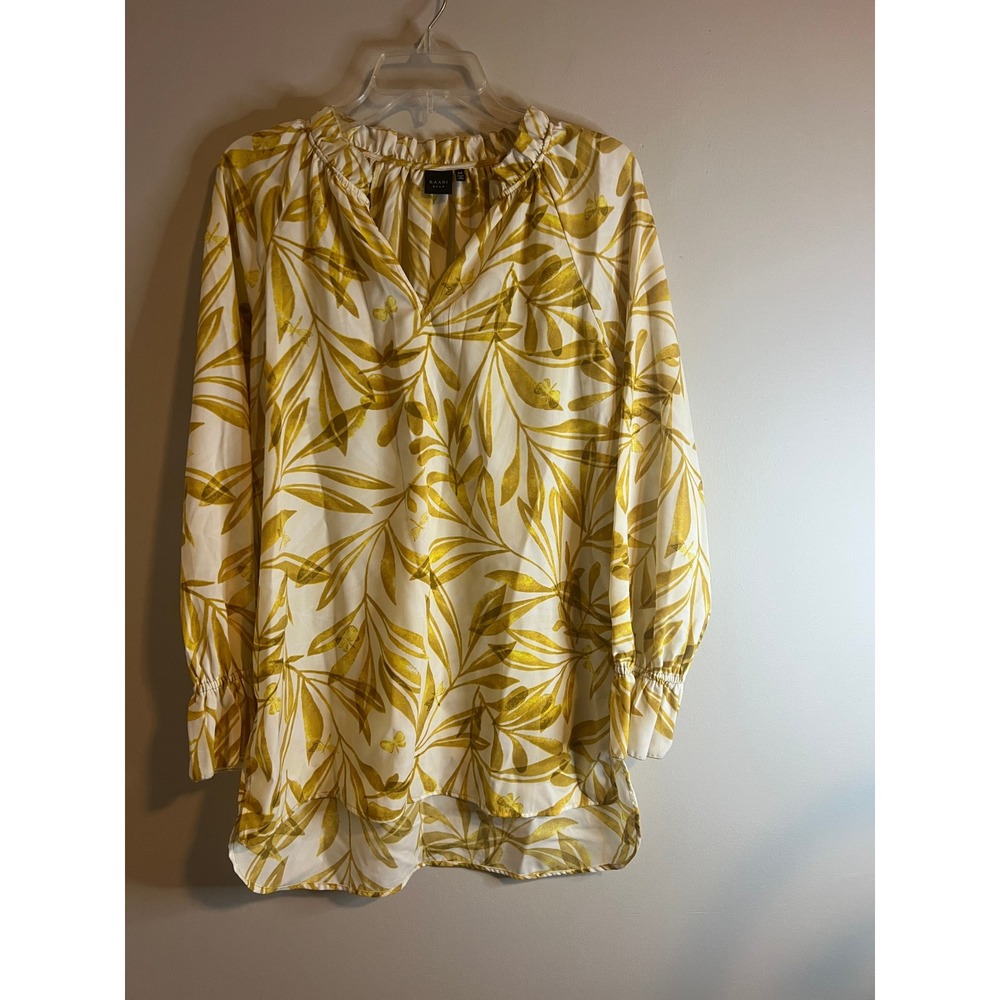 Kaari‎ Blue Womens Yellow White Botanical Leaf Print Tunic Blouse Medium